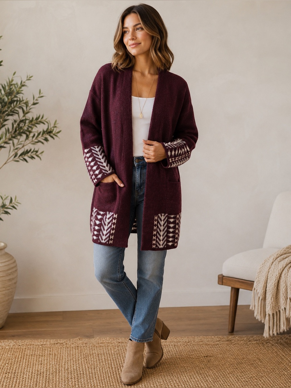 New Frye New Cozy Geometric Open Front Burgundy White Cardigan Size L - Picture 2 of 10